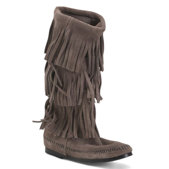 MINNETONKA Medium Grey Suede 3 Layer Tall Fringe Boots - Picture 1 of 2